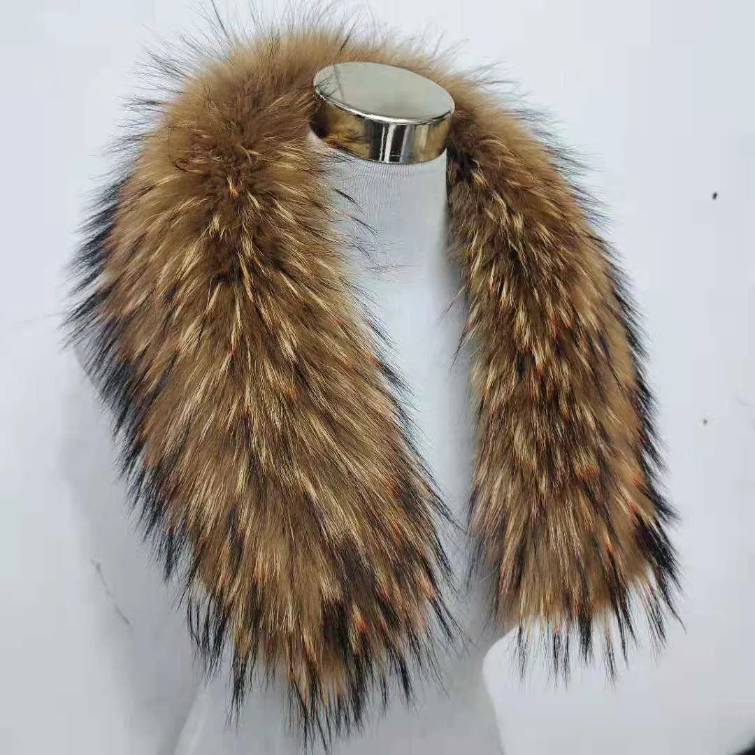 Kvinnor Vinter Real Raccoon Fur Collar 75 * 16cm Brun med Orange Mode Varm Furry Stor Storlek Scarf Sjal Wraps Men Jackor Decor H0923