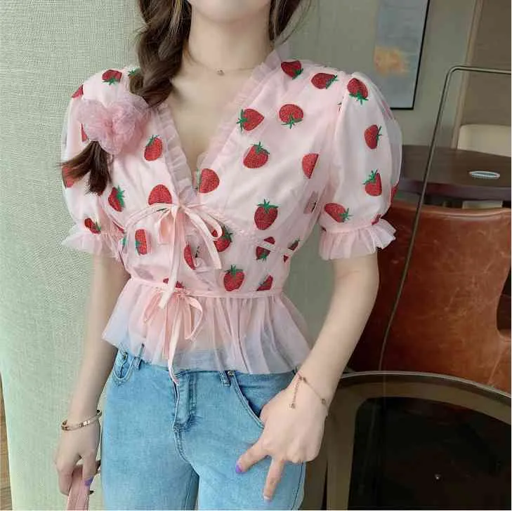 Pink Strawberry Mesh V-Neck Blouse: Summer Puff Sleeve Top