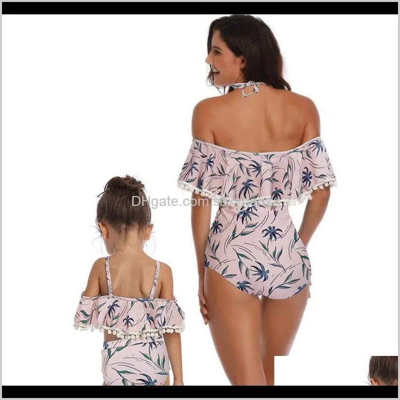 family matching swimwear mother daughter swimsuit women off shoulder bathing suit girls tassel floral bikini swimming suit1