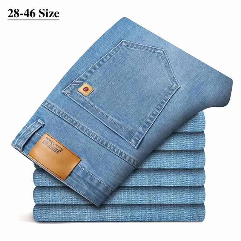 Herbst Winter Männer Hellblau Business Jeans Plus Größe 42 44 Stretch Denim Gerade Bein Hosen Männliche Marke Hosen 210723