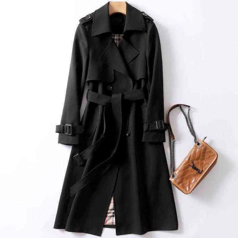 Primavera Outono Nova Marca Longo Trench Coat Para Mulheres Lapela Seios Duplos Magro Coreano Elegante Sólido Senhora Outwear Y1106