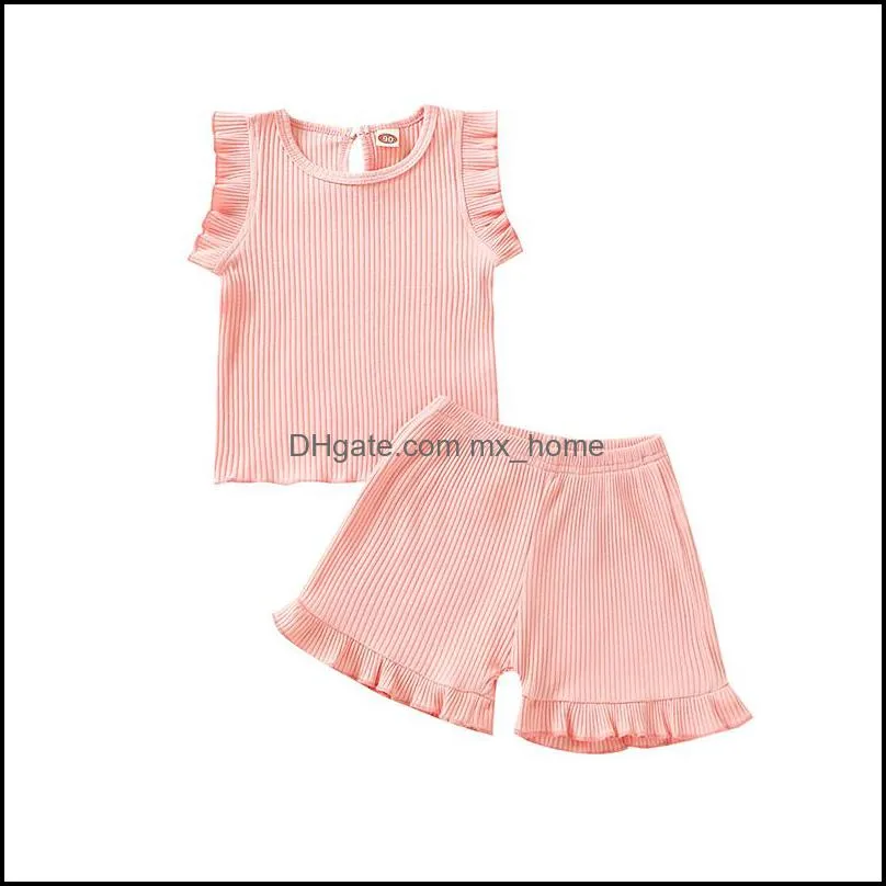 kids Clothing Sets Girls solid color outfits children ruffle sleeveless Tops+shorts 2pcs/set summer fashion Boutique baby clothes