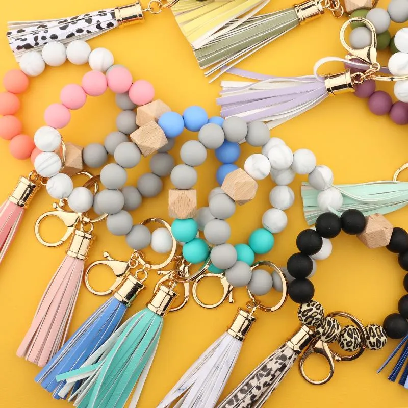Party Supplies Mode Silikon Perlen Armbänder Buche Quaste Schlüsselanhänger Anhänger Lederarmband Damenschmuck 14 Stil