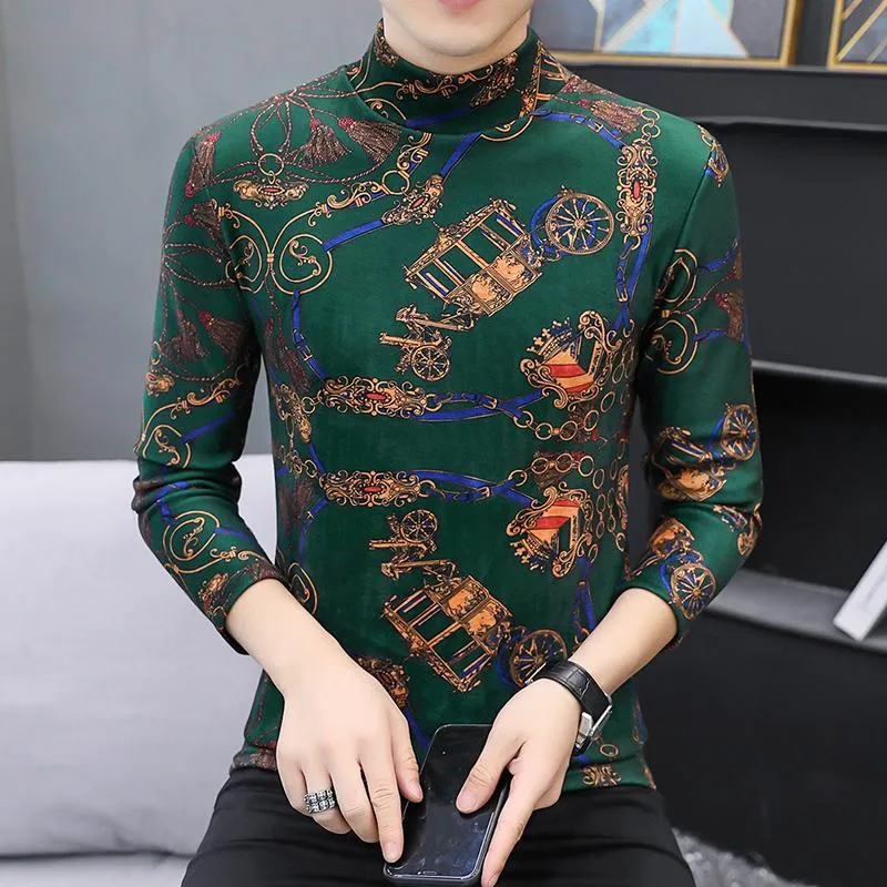 Mens T Shirts Green Luxury Turtleneck Velvet Mens Unusual Clothes