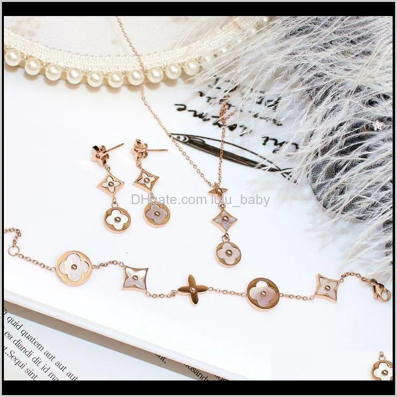 korean fashion simple exquisite diamond shell titanium steel bracelet necklace earring set jewelry