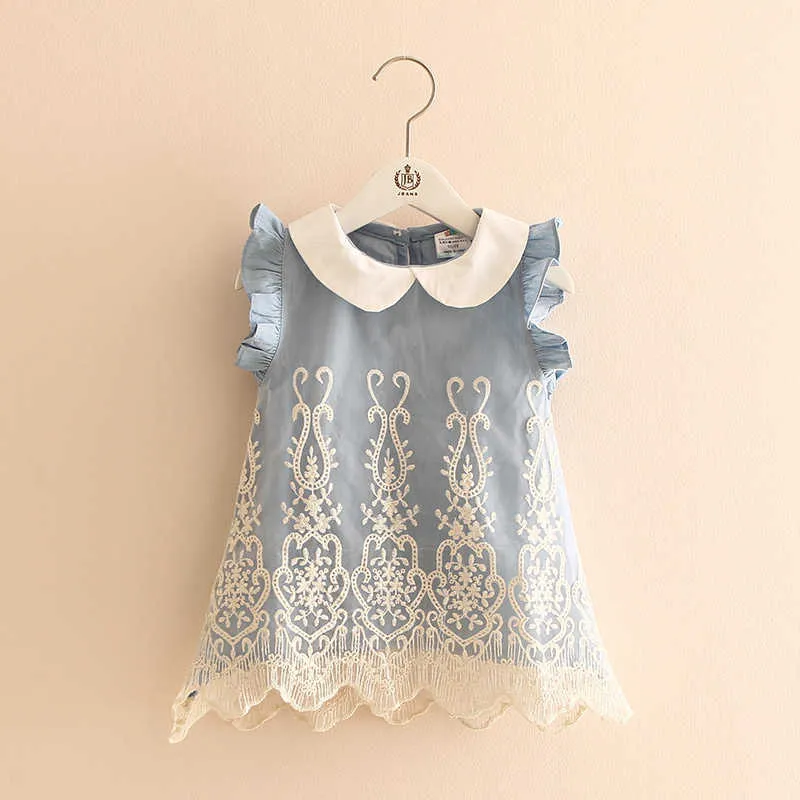 2021 Sommar 2-10 år gammal Vackra barn Kids Pleat Peter Pan Collar Fly Sleeve Party Lace Blue Denim Vest Dress för Girls Q0716