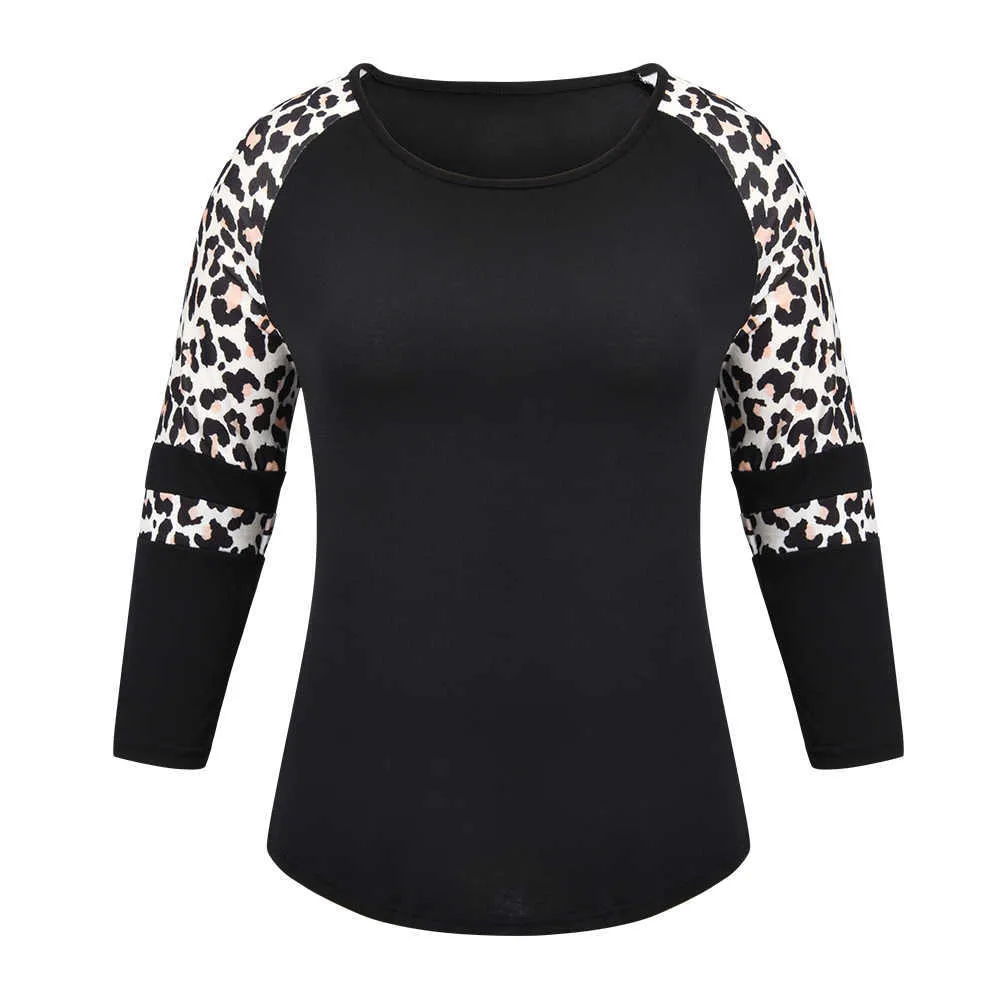 Venta de camisetas con estampado de leopardo para mujer, camisetas de manga tres de otoño para mujer, camiseta de talla grande, camiseta de retales para mujer, camisetas D30 Y0629