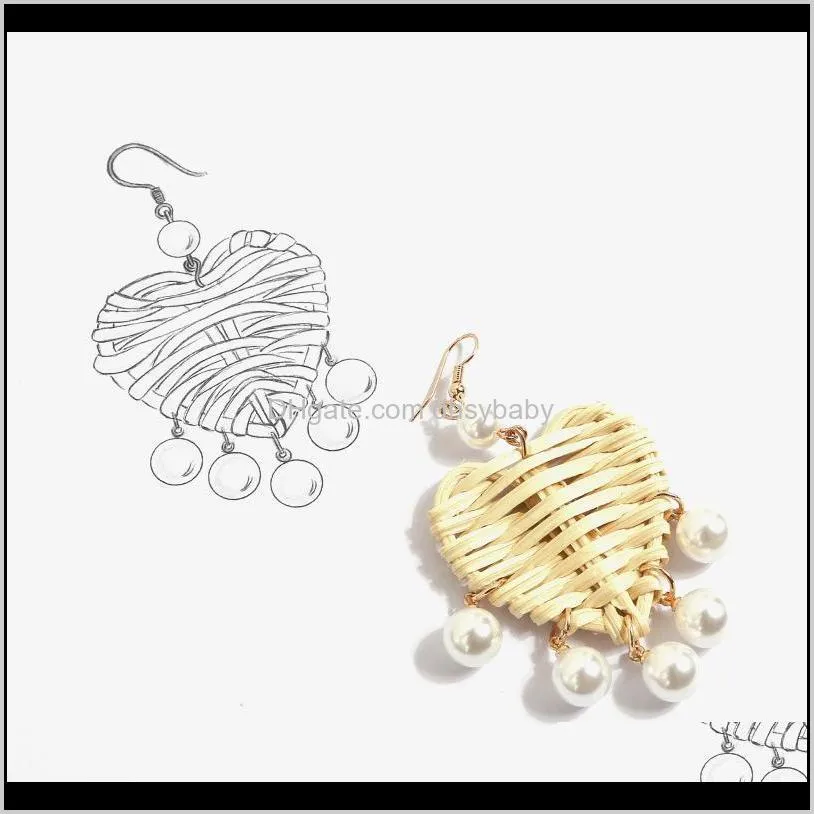 korea handmade bamboo pearl tassel drop earring for women straw weave rattan vine braid fringe earringbeach jewelry gift