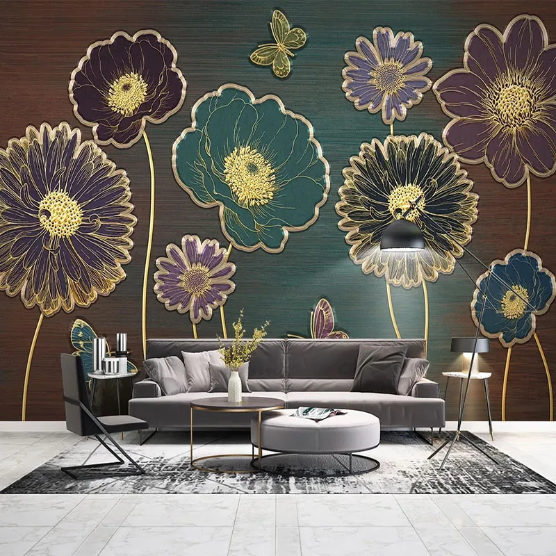 カスタム3D壁紙モダンライト高級植物フラワーライン描画バタフライ壁画リビングルームダイニングルーム背景ウォールフレスコ