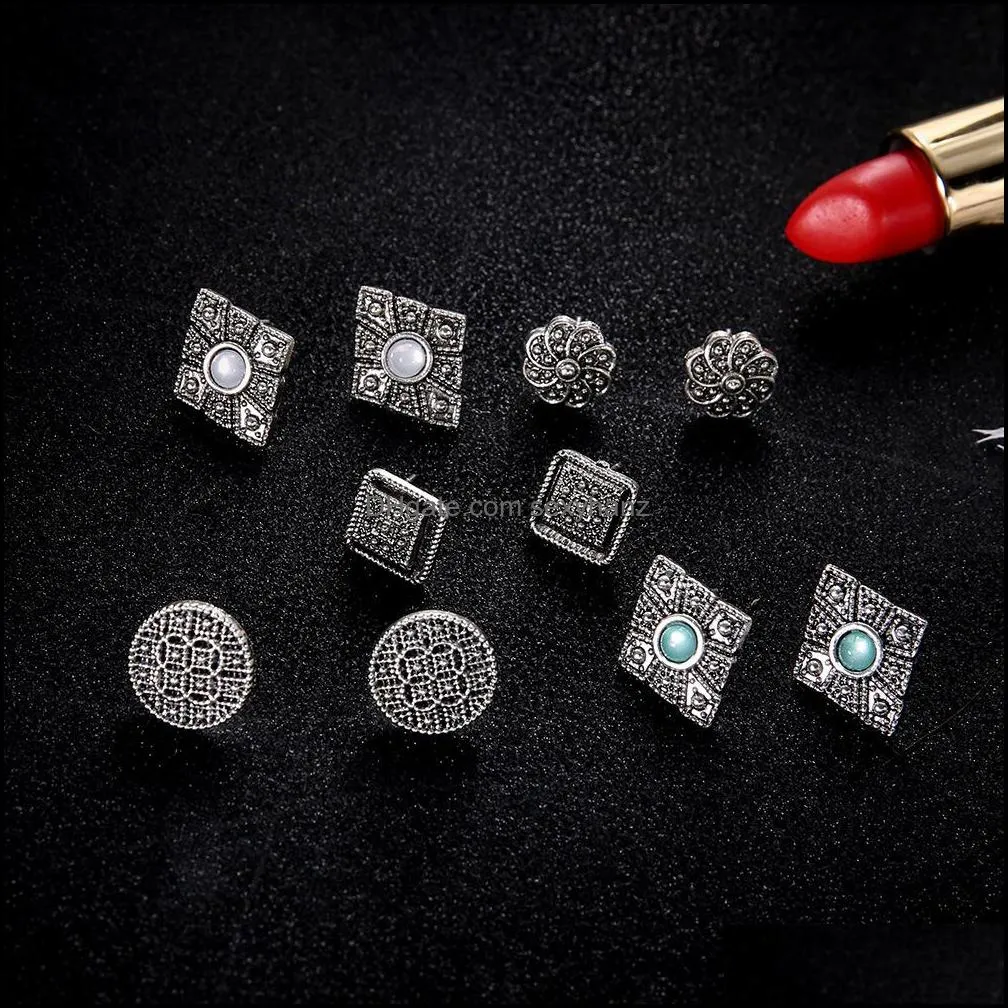 Fashion Hollow Carved Diamonds Stud Dazzling Blue White Gemstone 5 pairs set