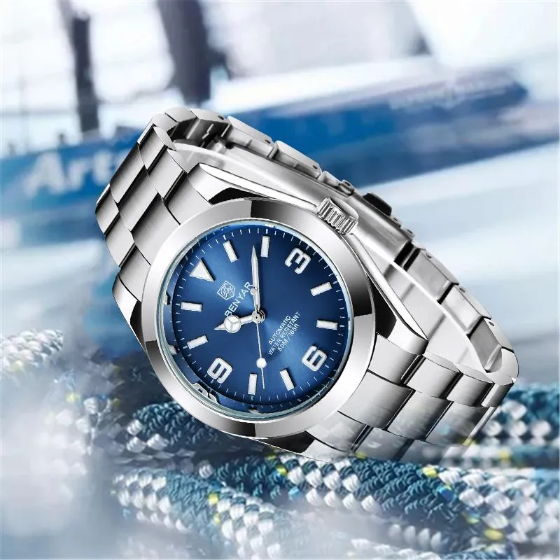 人気オーダー ファッションメンズメカニカルウォッチ41mmトップステンレス銀色ケースブルー防水スポーツ腕時計腕時計 日本特販 Apea Asia