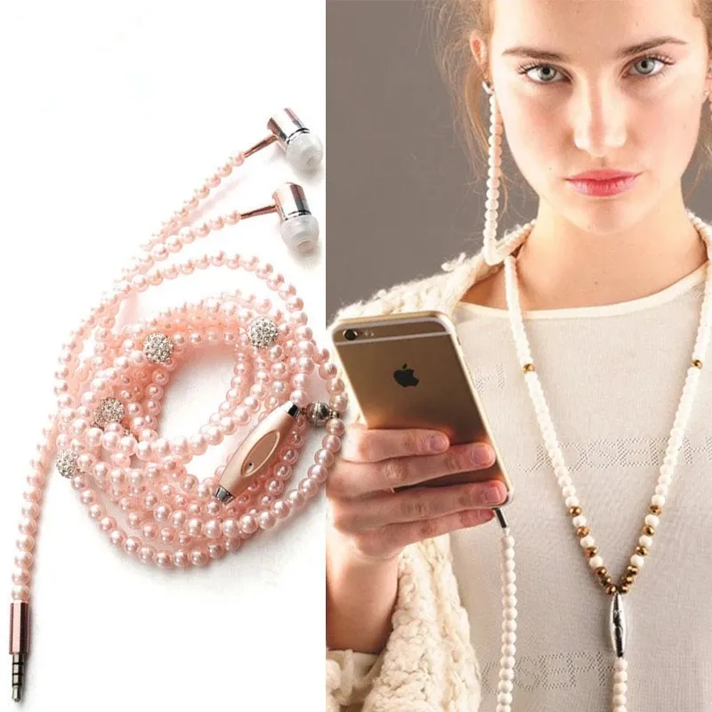 Universal Pearl ketting ketting mobiele telefoon oortelefoons met handsfree bellenfunctie modegeschenk voor meisjes