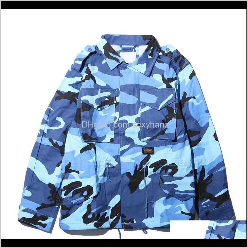 high street camouflage jacket men`s autumn lapel stand collar drawstring waist jacket men`s multi pocket camo bomber