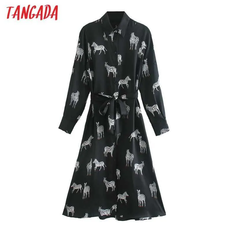 Tangada Fashion Women Animal Print Dress With Slash Höst Långärmad LadiesMidi Dress Vestidos 3H900 210609
