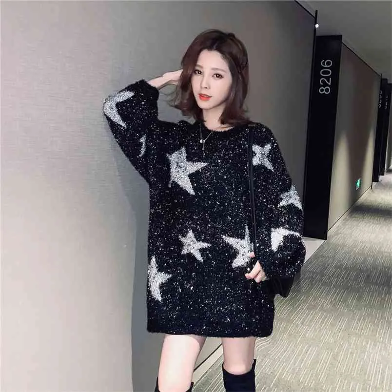 Wiosna i jesień Koreańska wersja Okrągłego Szyi Star Bright Silk Sweter Black Sweter Kobiety Luźna Koszula 210427