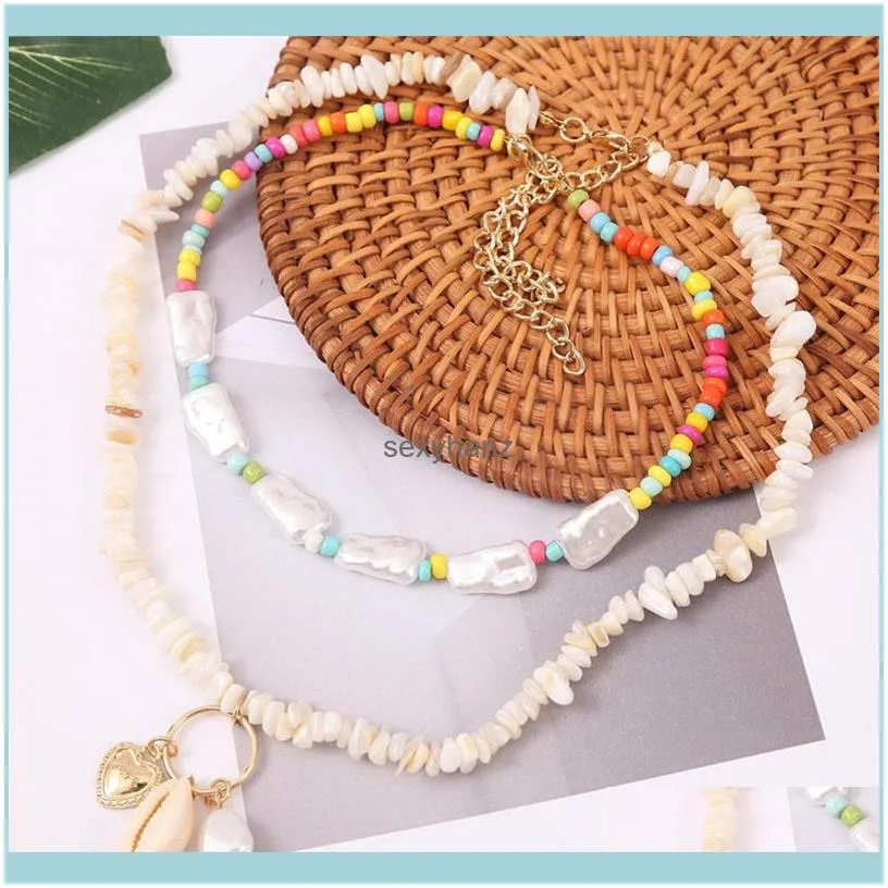 2Pcs/Set Boho Gold Heart Shell Pendant White Natural Stone Necklaces For Women Fashion Colorful Beads Pearl Beaded Necklace