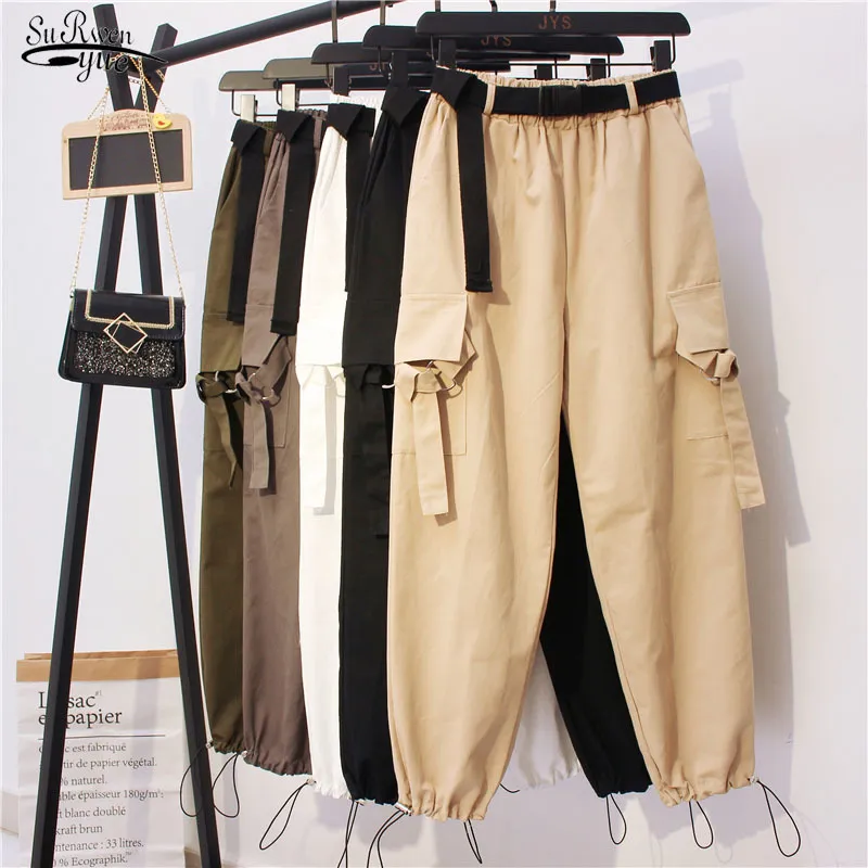 Queda de algodão roupa sólida com estilo de safari Calças de cintura alta mulheres casuais soltas calças elásticas pantalon10656 210521