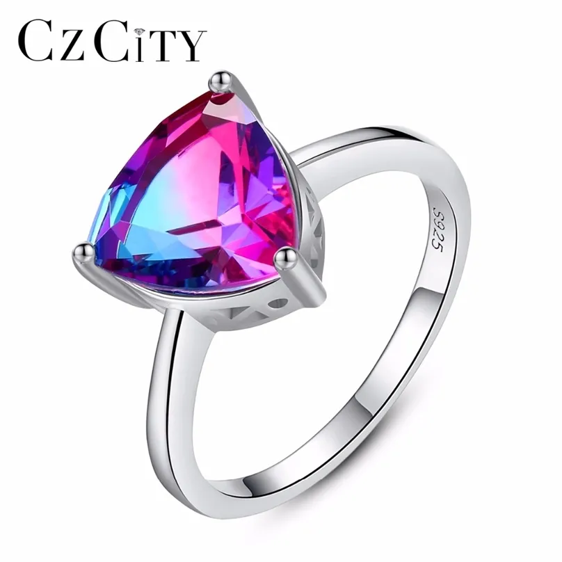 CZCITY Nature Rainbow Fire Mystic Topaz Finger Rings for Women Anniversary 925 Sterling Silver Wedding Ring Female 211217