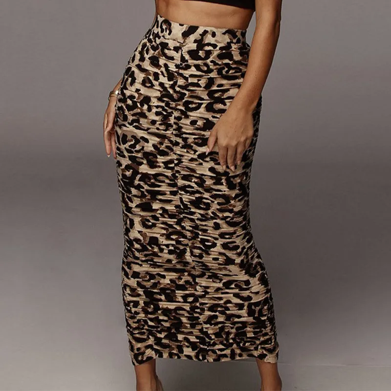 Leopard Print High Waist Women Bodycon Skirt Split Stretch Slim Sexy Tight Pencil Skirts Female Party Night Club Summer 210518