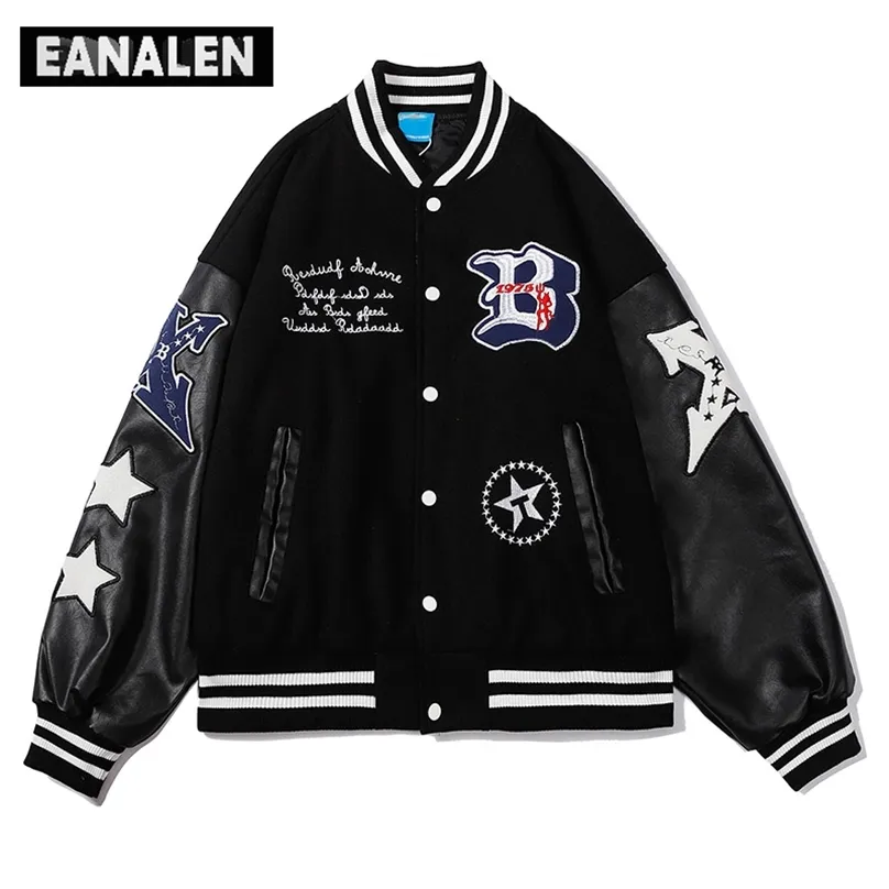 Harajuku straatkleding badge hiphop honkbal uniform lederen jas mannen xingx grafische motor race retro jas 211217