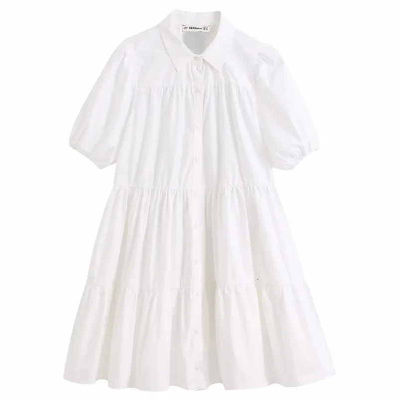 女性の単純な色のカジュアルな白いシャツのオフィスの女性パフスリーブプリーツvestidosシックなレジャービッグスイングドレスDS3438 210721