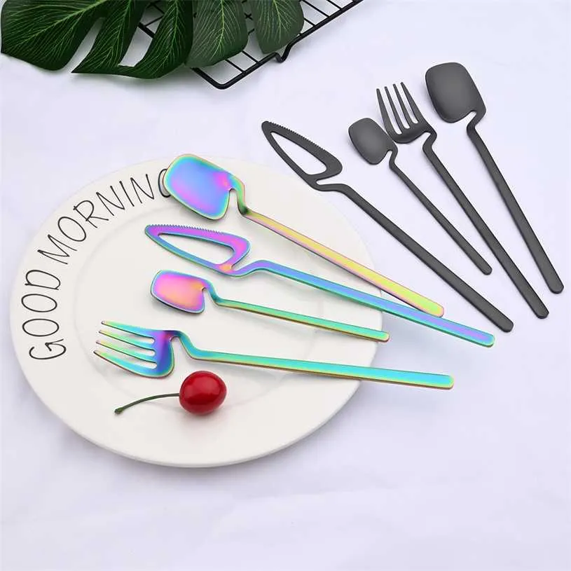 16 pcs Black Cutlery Set Facas Sobremesa Forks Spoons Dinnerware 304 Talheres de Aço Inoxidável Início Cozinha Prataria 211228