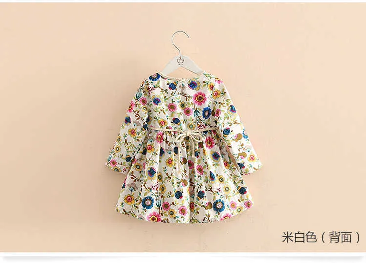  Autumn Spring 2-10 Years Sweet Cute Long Sleeve O-neck Full Flower Print Princess School Baby Kids Girl Dress With Tether (10)