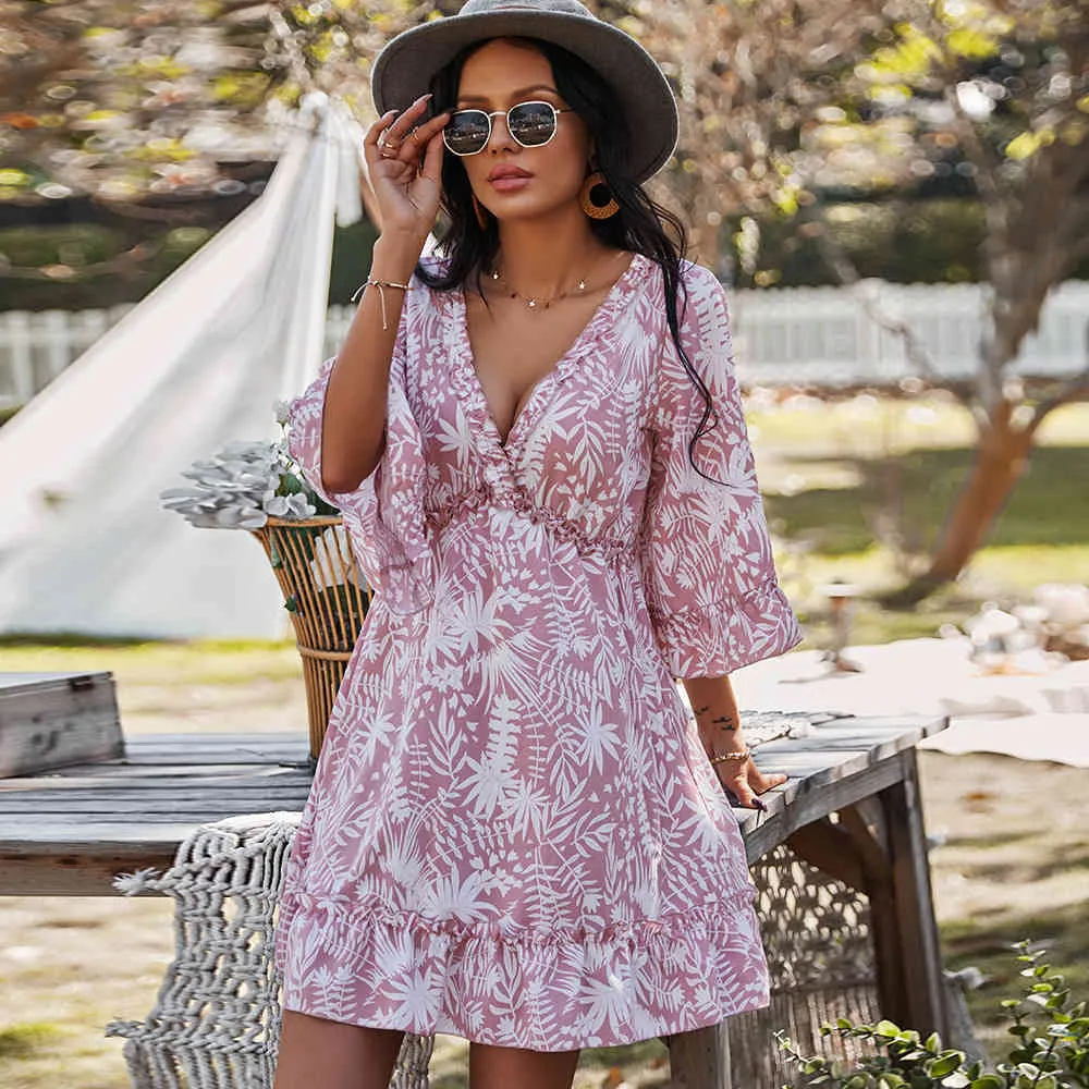 Boho Floral Mini Dress with 3/4 Sleeves and V-Neckline for Women - Perfect for Beach and Boho Sundress Parties (Ropa Mujer 210524) Womens Boho Floral Print Mini Dress Casual V Neck 3/4 Sleeve Sundress For  Summer Beach From Mu03, $19.08 In Bulk | DHgate.Com
