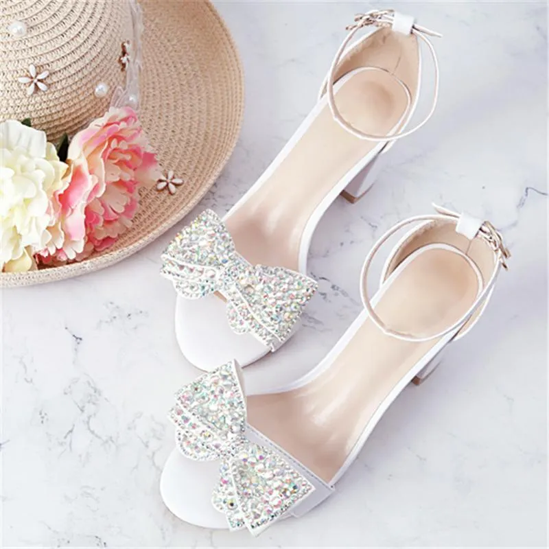 Femmes sandales cristal noeud papillon chaussures de mariage pompes 7cm talons hauts mariée dames bride à la cheville grande taille