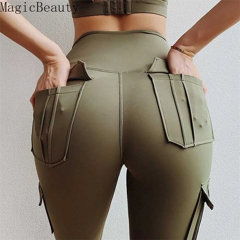 Femmes Élastique Taille Haute Fitness Gym Poches Legging Solide Push Up Workout Cargo Pantalon 211014