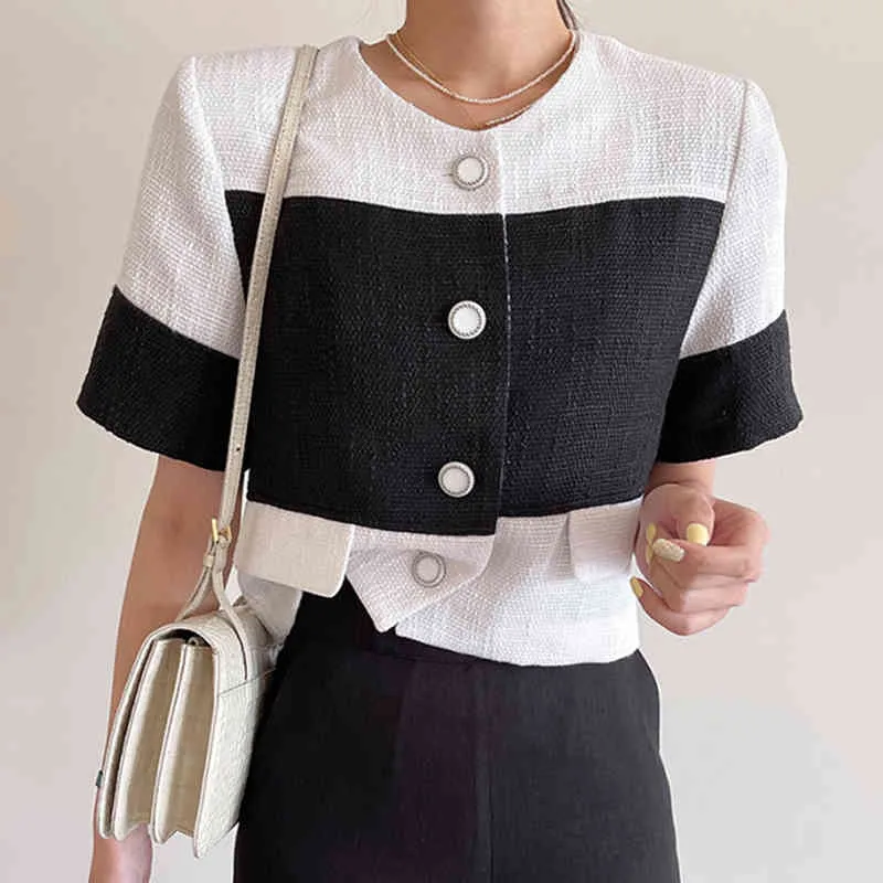Sommarstil Elegant Daliy Round Neck Contrast Stitching Design Single Breasted Loose Short Sleeve Jacka Kvinnor 16W951 210510