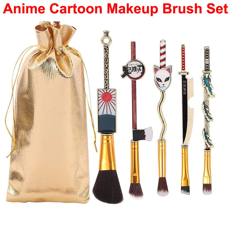 Anime Demon Slayer ensemble de pinceaux de maquillage 5 pièces pinceaux de dessin animé pour fond de teint poudre ombre à paupières pinceau à lèvres cosmétique Cosplay cadeau outil de maquillage avec sac de rangement