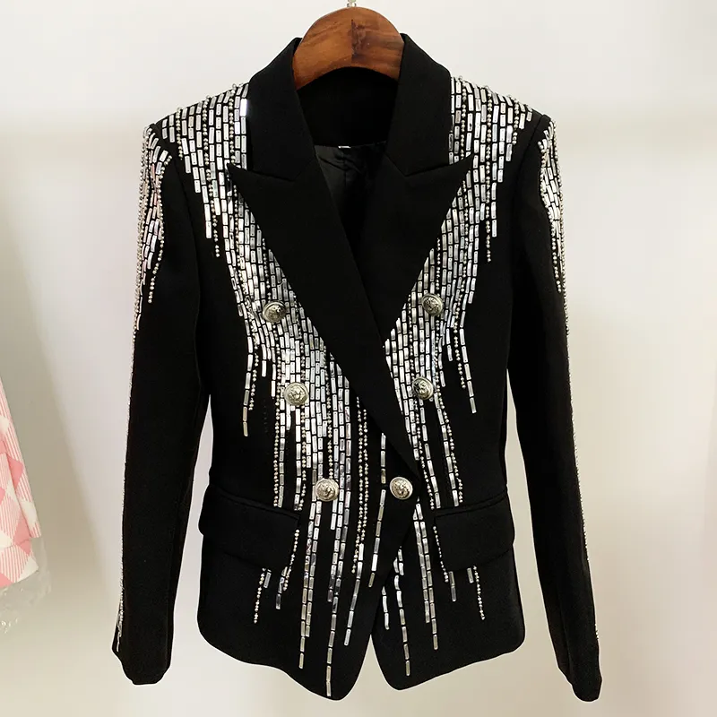 Kvinnor High Street Est Fashion Designer Jacka Kvinnor Double Breasted Luxurious Stunning Silver Metal Knappar Beaded Blazer