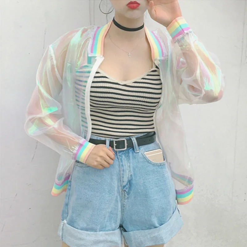 Harajuku Summer Women Jacket Laser Rainbow Symphony Hologram Women BasicCoat Clear Iridescent Transparent Bomber Jacket Sunproof 210522