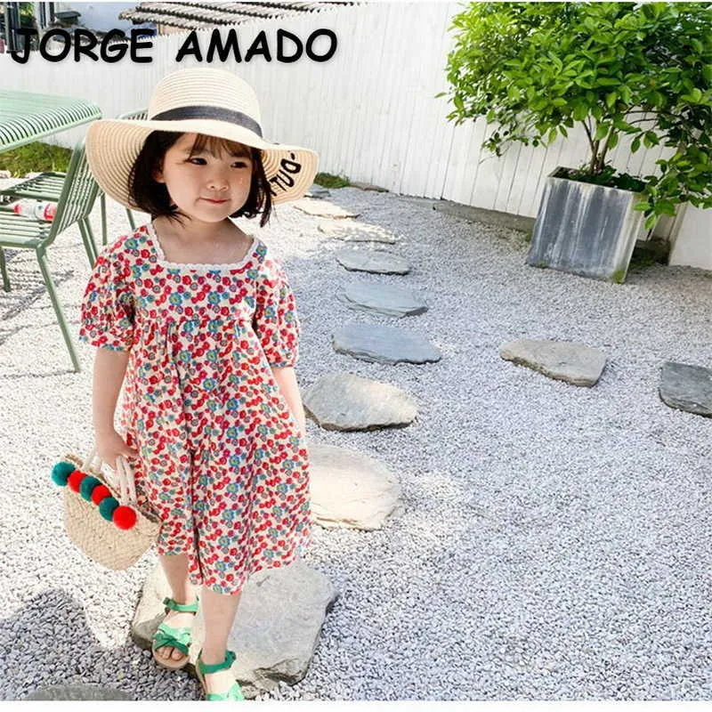 Adolescente estivo Girls Dress Lace Collar Floral Princess Dresses Style Style Abiti di moda E1023 210610