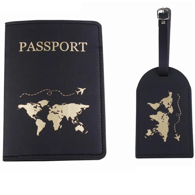 Titulares de cartão PU Couro Capa de passaporte Tag de bagagem Set para homens mulheres de viagem de caso de mala de identificação