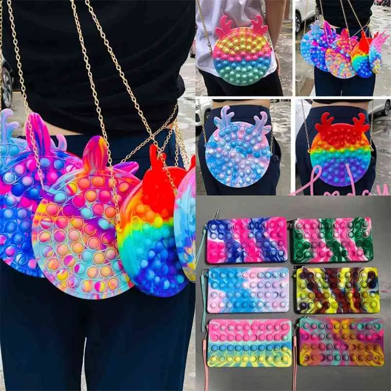 Fidget Crossbody Chain Torba Push Poo-Jego Silicone Guma Portmonetki Fanny Pack Macaron Rainbow Plecaki Bubble Popper Torebka Kombetowa Makijaż Torby Piórnik G83CIQ7