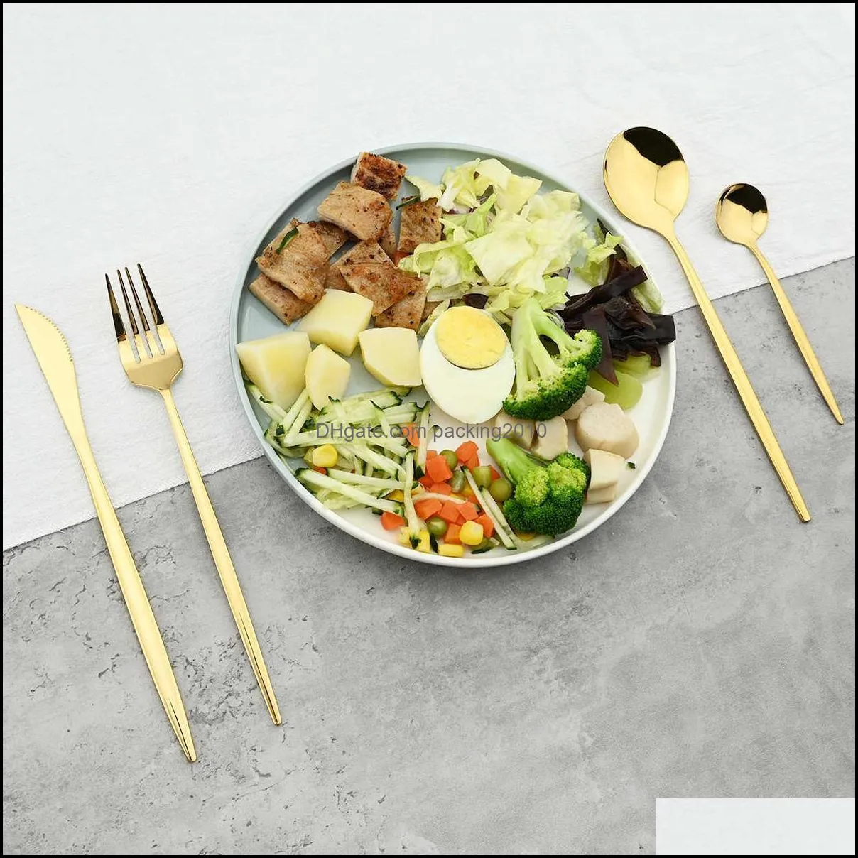 24pcs Gold Dinnerware Set Stainless Steel Cutlery Set Mirror Silverware Knife Fork Spoon Tableware Flatware Set Dishwasher Safe X0703