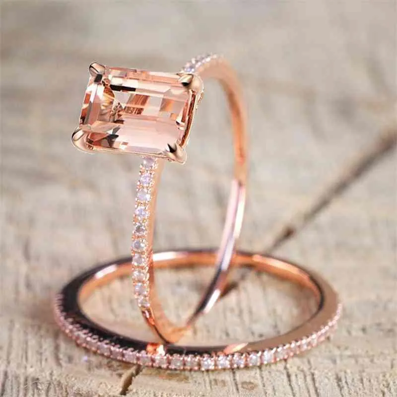 Rose Gold Square Crystal Stone Casal Anéis Definir Senhoras Cubic Zirconia Casamento Fashion Party Jóias Requintadas