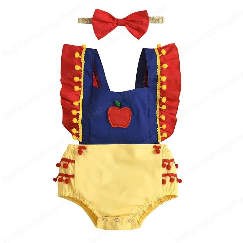 Kids Rompers Girls Pompom Ruffle Sleeve Romper Spädbarn Toddler Jumpsuits + Bow Headband Sommar Mode Baby Kläder