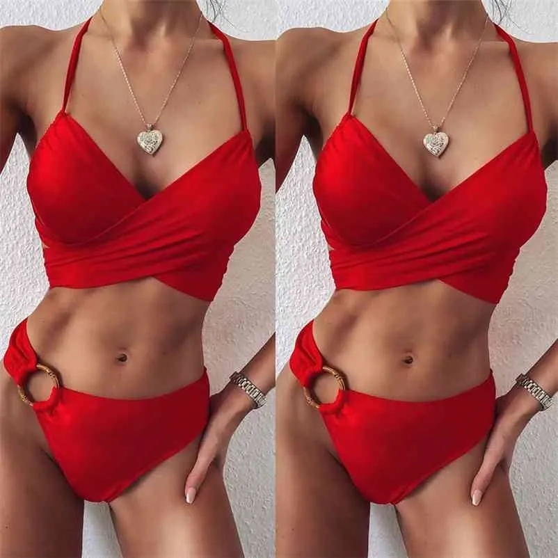 Maillot de bain rouge pour femmes Halter Bikini Set Maillot de bain Brésilien Maillots de bain sexy 210621