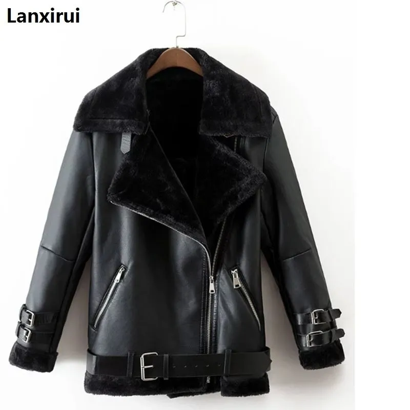 Autumn Winter Women Pu Tops Casual Belted Leather Outwear Fur Casual Thicken Warm Coat Punk Lapel Lamb Wool Black Gold Jacket SH190827