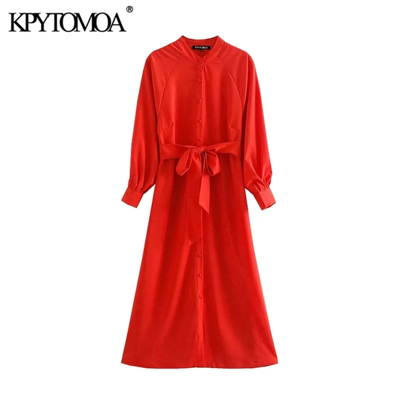 Women Elegant Fashion Office Wear Buttons Midi Dress Long Sleeve With Belt Female Dresses Vestidos Mujer 210420