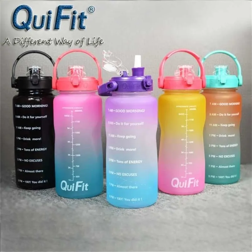 Quifit 2l / 3.8l Bounce cap gallon vattenflaskor kopp, tidsstämpel utlösare ingen bpa, sport telefon hållare fitness / utomhus 220125