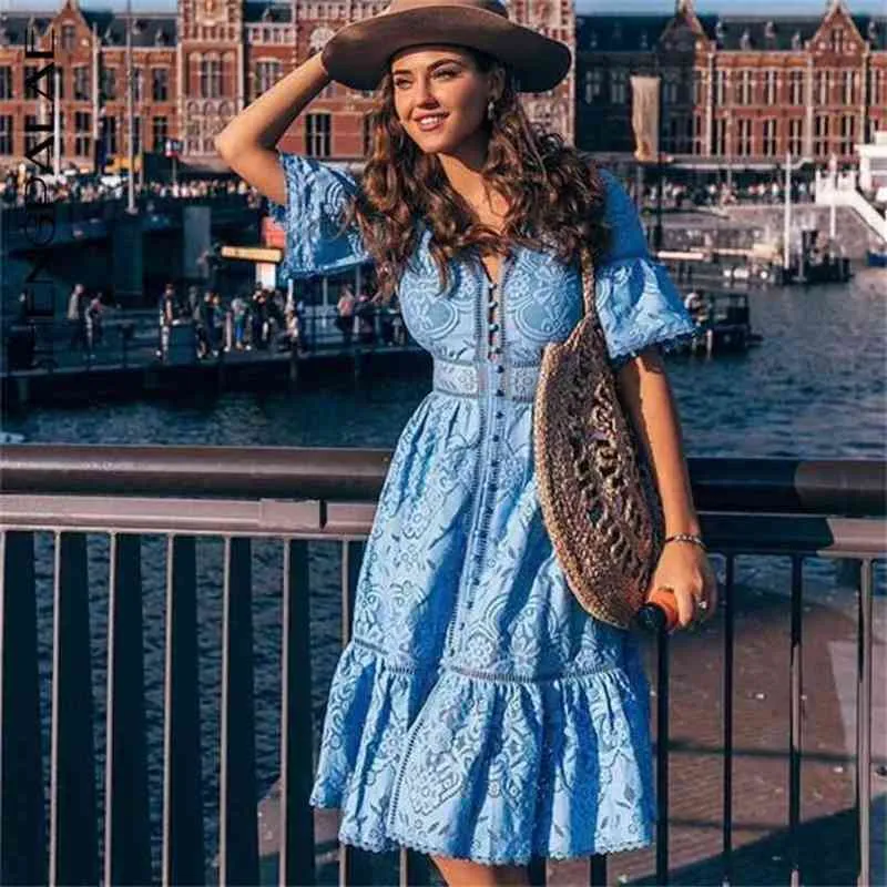 Sexy kant vrouw jurk zomer v-hals korte mouw boho maxi jurken partij club vestido blauw wit roze za3830 210427