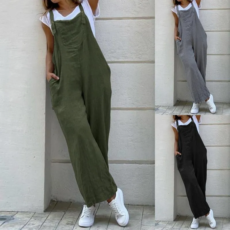 Cotton and linen casual style suspender pocket jumpsuit hotsell