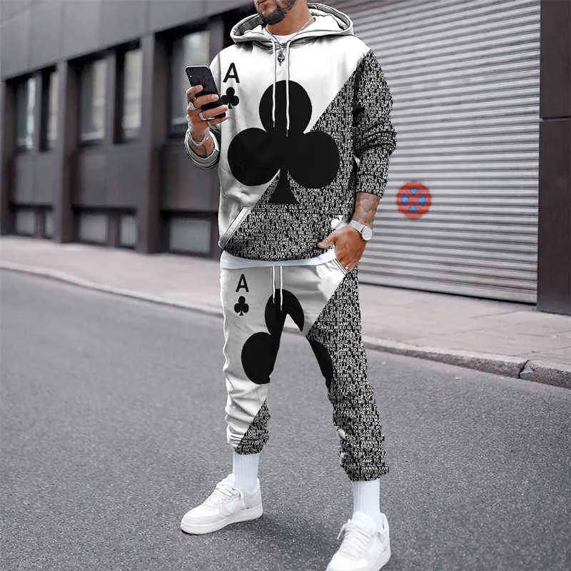 Nouvelles cartes à jouer rayées automne / hiver pull à manches longues + pantalon 2 pièces mode sport impression 3D costume hommes vêtements tendance G1209