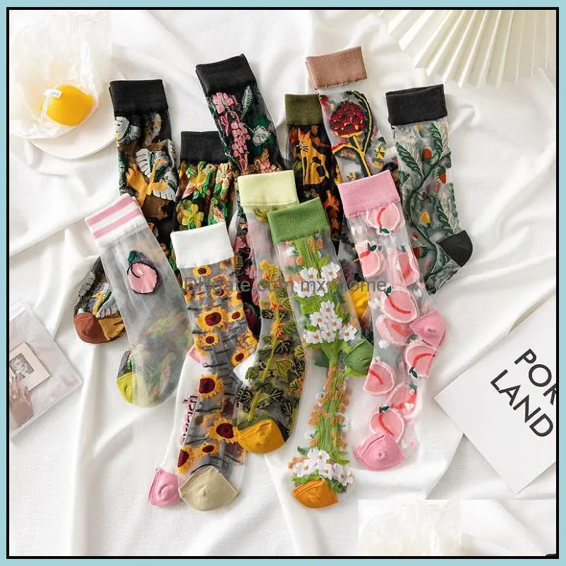 Women Girls Socks New Summer Fashion Fishnet Thin Funny Breathable Transparent Cute Fruit Flower Socks Creative Harajuku Casual Socks