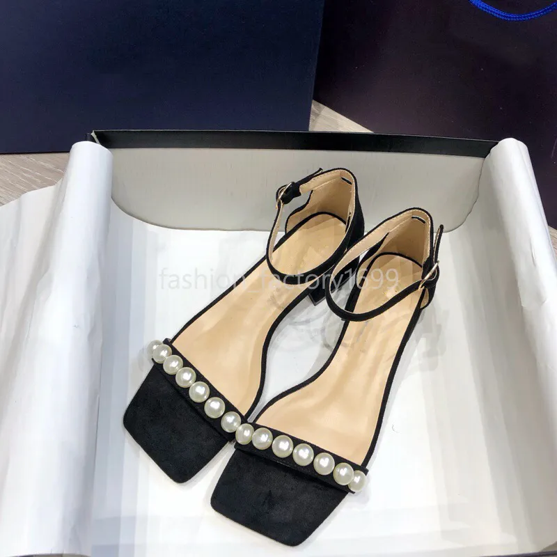 Summer women`s sandals spring and autumn leather fashion office Pearl Roman shoes metal buckle thick heel designer style elegant high heels 4cm