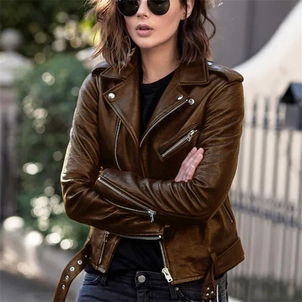 Höst Vinter Kvinnor PU Läder Jacka Fashion Down-down Collar Zipper Moto Biker Coat Kvinna smala korta jackor med bälte
